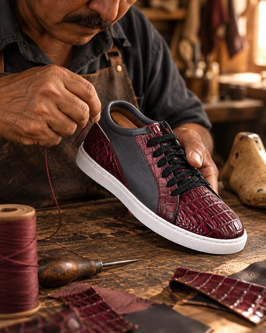 Manos de artesano cosiendo un tenis
